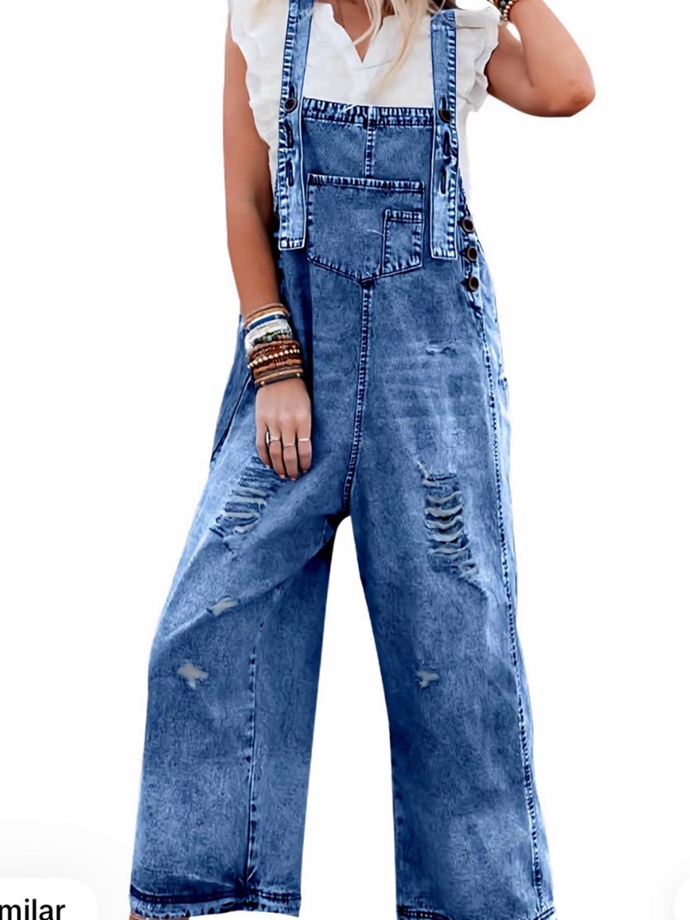 Blue Denim Distressed Wide-Leg Overalls - Women Jeans